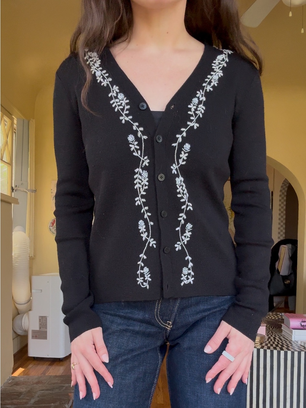 Dkny Black V-Neck Wool Cardigan with White Floral Embroidery